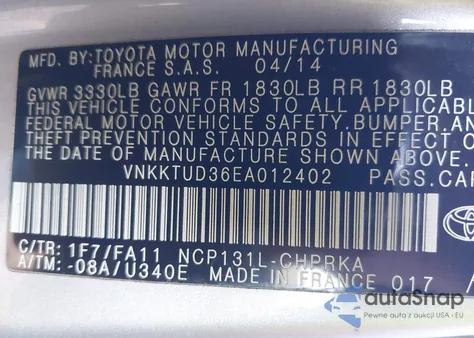 2014 Toyota Yaris Le (Tmmf Plant) из США, поврежденный, VIN VNKKTUD36EA012402